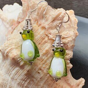 Green Penguin Lampwork Glass Bead Handmade Pierced Earrings LR155